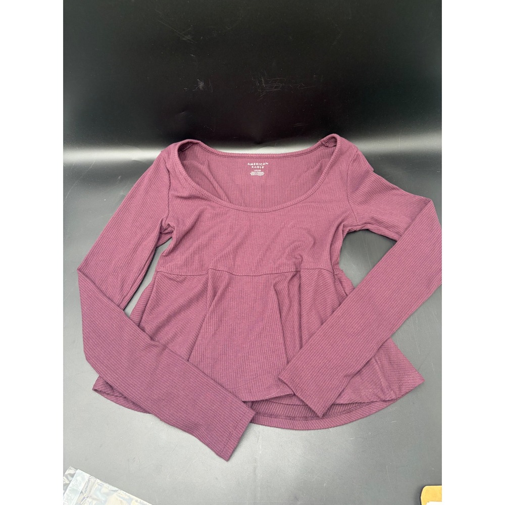 American Eagle Womens Ribbed Babydoll Peplum Long Sleeve Top Burgundy Small
